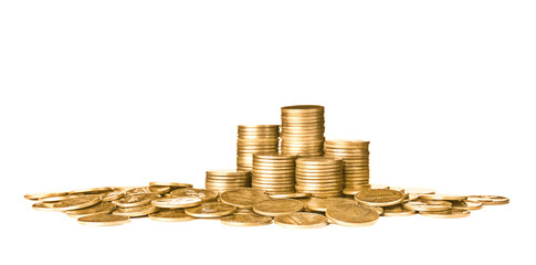 Stacks of shiny coins on white background