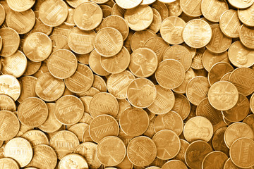 Many shiny USA one cent coins as background, top view