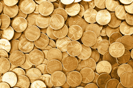 Many shiny USA one cent coins as background, top view