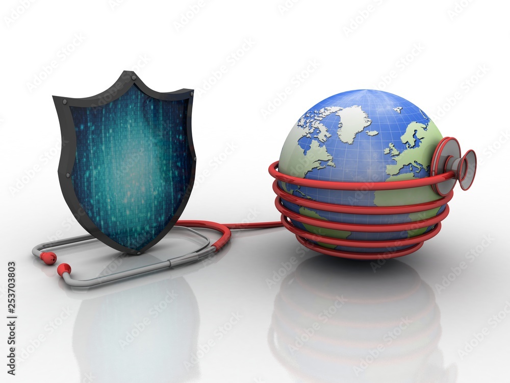 Poster 3d rendering Protect the World stethoscope with shield