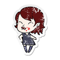 distressed sticker of a cartoon vampire girl with blood on cheek