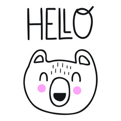Cute bear say hello. Scandinavian, nordic style. Simple hand drawn vector illustration design. Best for nursery, childish textile, apparel, poster, postcard.