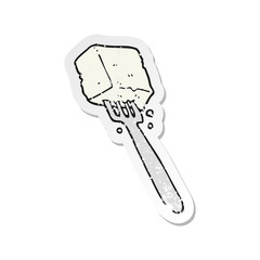 retro distressed sticker of a cartoon tofu on fork