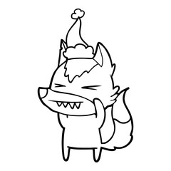 angry wolf line drawing of a wearing santa hat