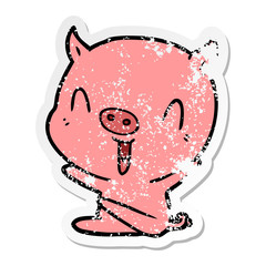 distressed sticker of a happy cartoon sitting pig