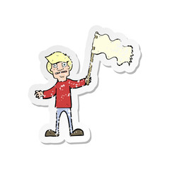 retro distressed sticker of a cartoon man waving white flag