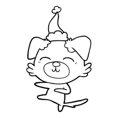 line drawing of a dog kicking wearing santa hat