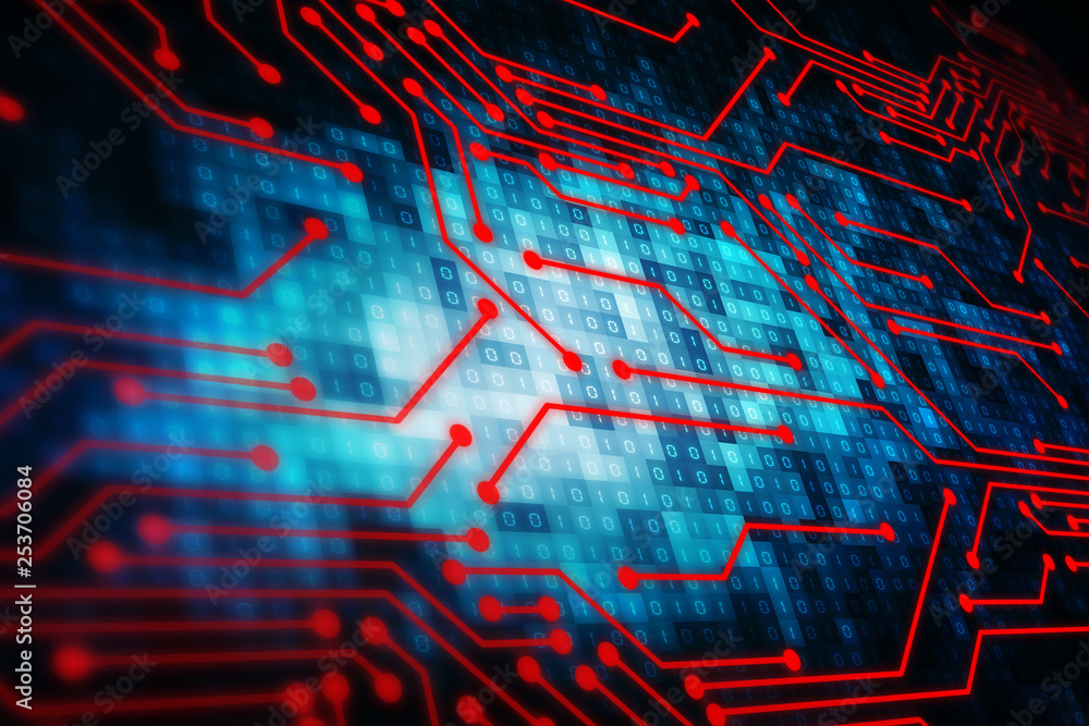 Poster digital abstract technology background. red circuit board on binary background