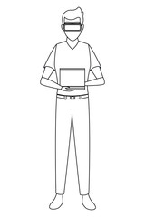 Man using virtual reality glasses in black and white