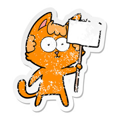 distressed sticker of a happy cartoon cat with sign