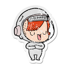distressed sticker of a cartoon astronaut woman