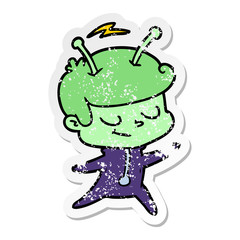 distressed sticker of a friendly cartoon spaceman dancing