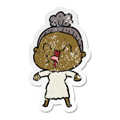distressed sticker of a cartoon happy old woman