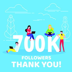 Thank you 700000 followers numbers postcard. People man, woman big numbers flat style design 700k thanks vector illustration isolated on blue background. Template for internet media and social network