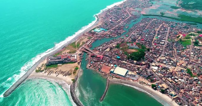 A beautiful 4k aerial drone footage of historical town of Elmina, Ghana.