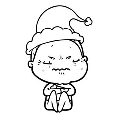 line drawing of a annoyed old lady wearing santa hat