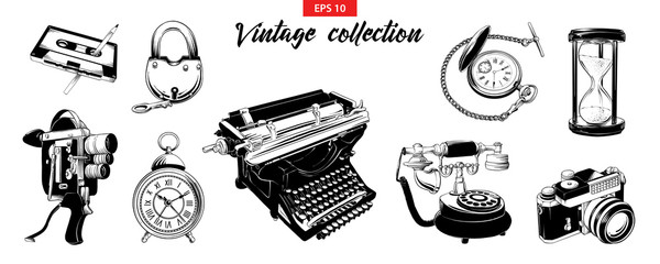 Vector engraved style illustration for logo, emblem, label or poster. Hand drawn engraved sketch set of vintage odjects isolated on white background. Detailed vintage doodle drawing.