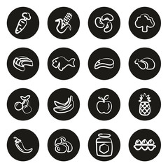 Healthy Food Icons Freehand White On Black Circle