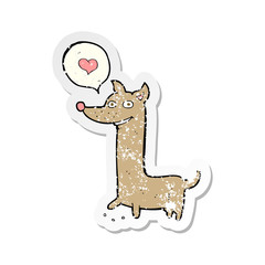 retro distressed sticker of a cartoon dog with love heart