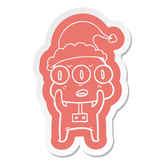 cartoon  sticker of a three eyed alien wearing santa hat