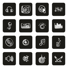 DJ or DJ Equipment Icons Freehand White On Black