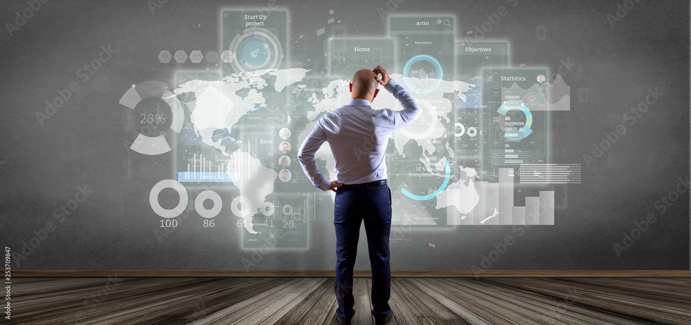 Poster businessman in front of a wall with user interface screens with icon, stats and data 3d rendering