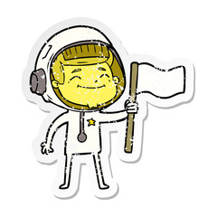 distressed sticker of a happy cartoon astronaut