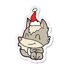 friendly sticker cartoon of a wolf wearing santa hat
