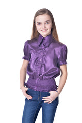 Happy teen girl in purple blouse posing 