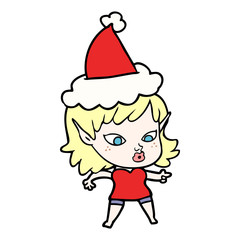 pretty line drawing of a elf girl wearing santa hat