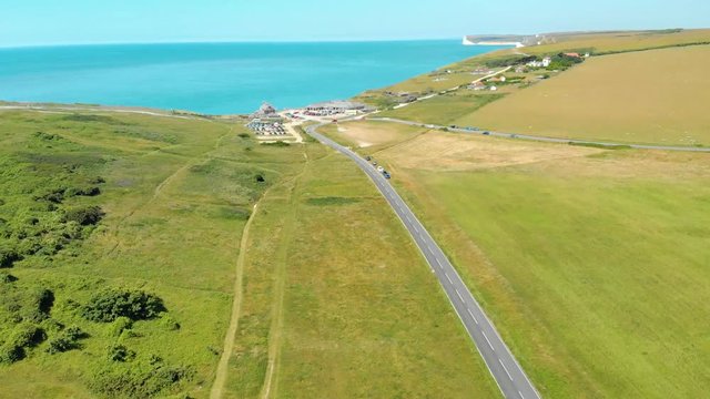 beachy head approaching birling gap national trust sunny blue sky day summer aerial view eastbourne
