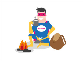 Superhero having a break at the campfire