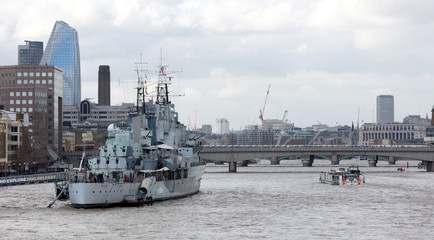 London, United Kingdom - Februari 20, 2019: HMS Belfast battleship moored on the River Thames