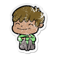 distressed sticker of a cartoon happy boy