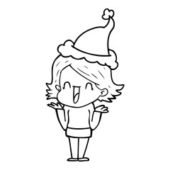 line drawing of a happy woman wearing santa hat