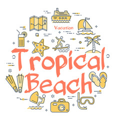 Colorful icons in summer tropical beach theme