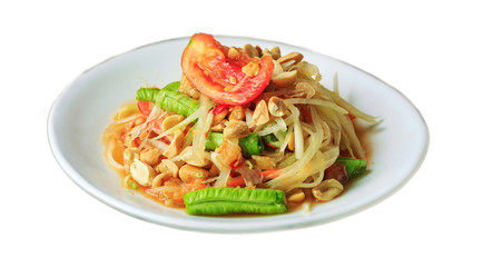 Papaya salad on white background.