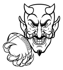 A devil cartoon character sports mascot holding an American football ball