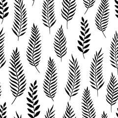 Tropical jungle leaves seamless pattern. Hand drawn vector illustration black on white background. For fashion, textile, web, print, surface design