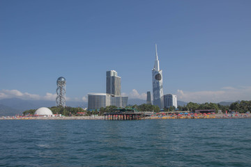 View Of Embankment Of The Georgian Resort Town Of Batumi. Modern Urban Architecture In The Early Morning. View From Sea