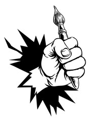 A fist hand holding an artists paintbrush and breaking through the background or wall in a vintage intaglio woodcut engraved or retro propaganda style