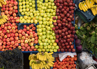 Vegetables, fruits and spices in traditional typical  grocery bazaar top view. 