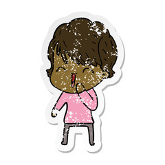 distressed sticker of a cartoon laughing woman