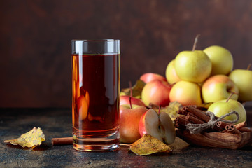 Glass of apple juice or cider with juicy apples and cinnamon sticks.