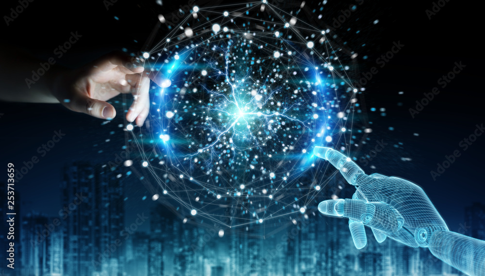 Aufkleber wireframed robot hand and human hand touching digital sphere network on dark 3d rendering