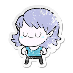 distressed sticker of a happy cartoon elf girl