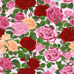 Seamless pattern of floral roses and leaves on a pink background.