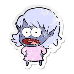 distressed sticker of a cartoon shocked elf girl