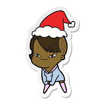 cute sticker cartoon of a girl with hipster haircut wearing santa hat