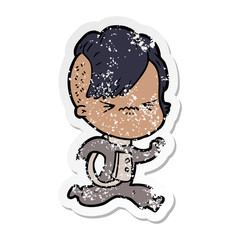 distressed sticker of a cartoon annoyed hipster girl wearing space suit